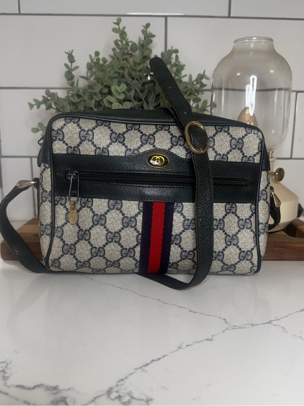 Vintage 80s Gucci Accessory Collection Blue GG Supreme Web Crossbody Camera Bag